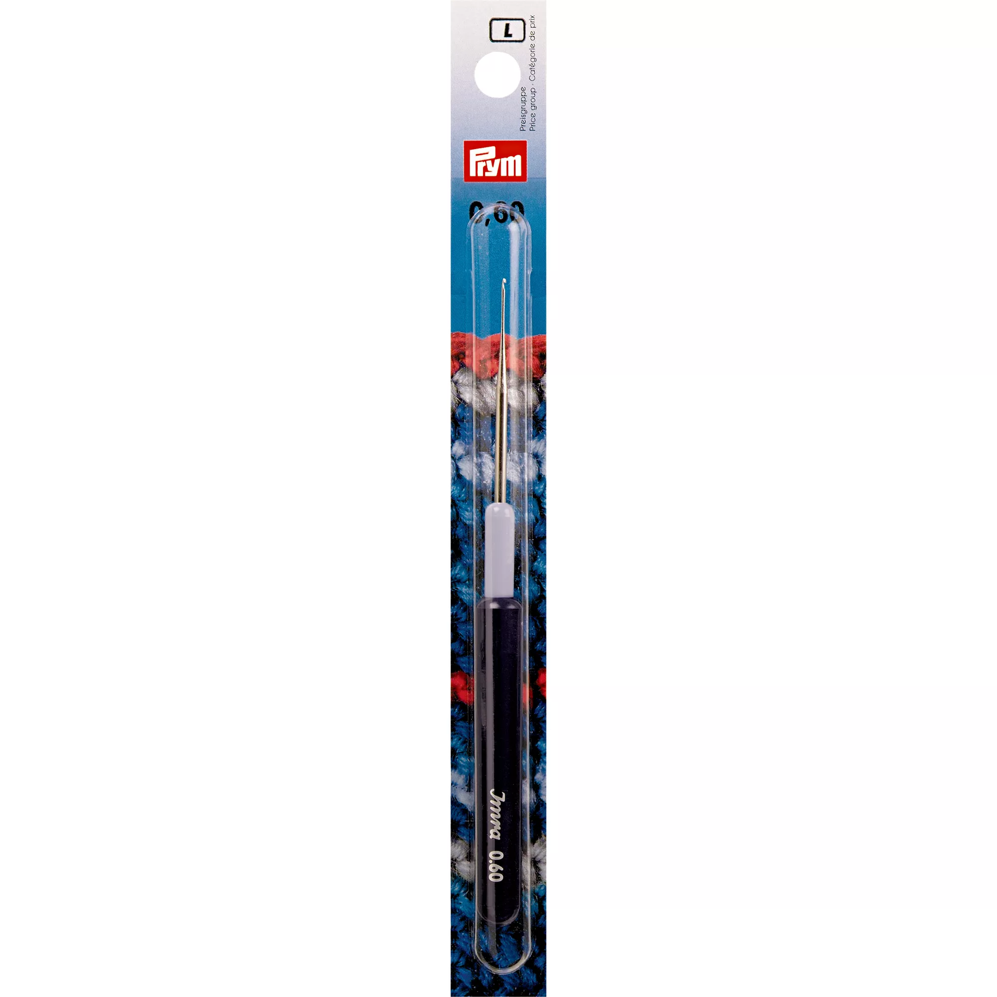 Crochet hook with plastic grip, 0.60mm, silver-coloured
