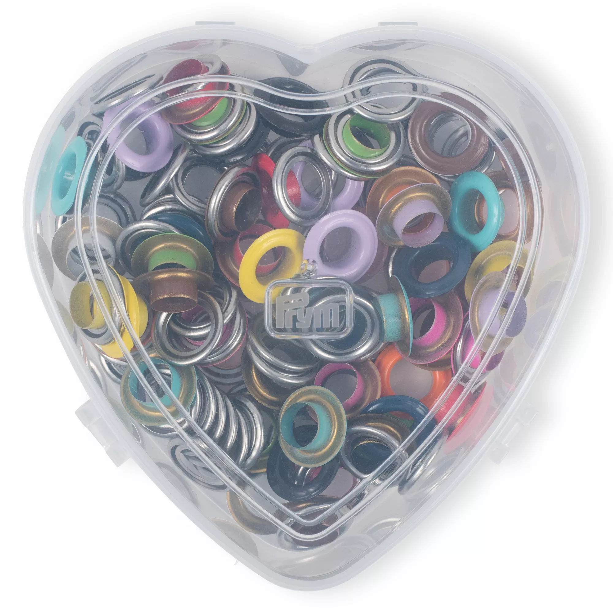 Eyelets with washers, mixed colours, in heart-shaped box, 8 mm