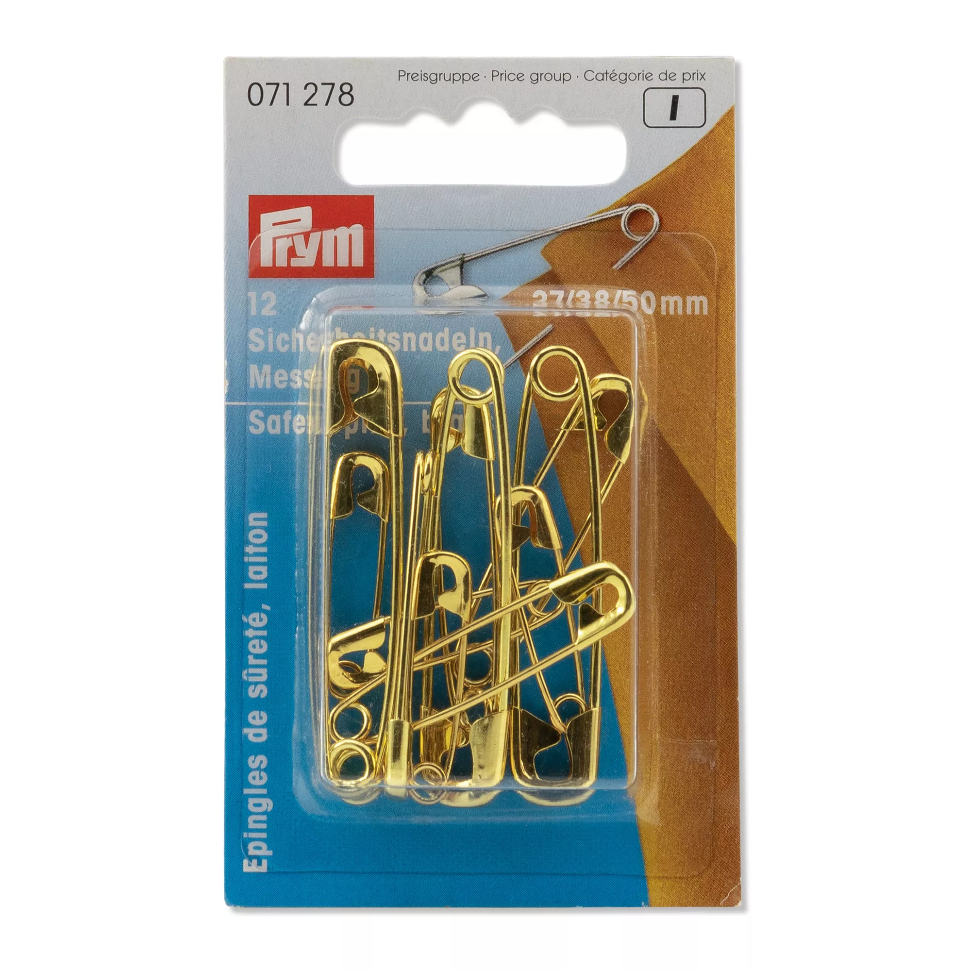 Safety pins, No. 1-3, 27/38/50mm, assorted, gold-coloured