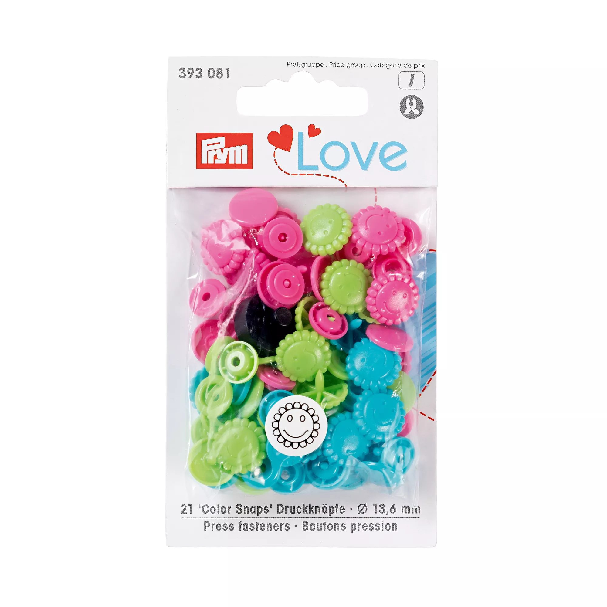 Colour snap fastener, Prym Love, flower, 13.6mm, turquoise/green/pink