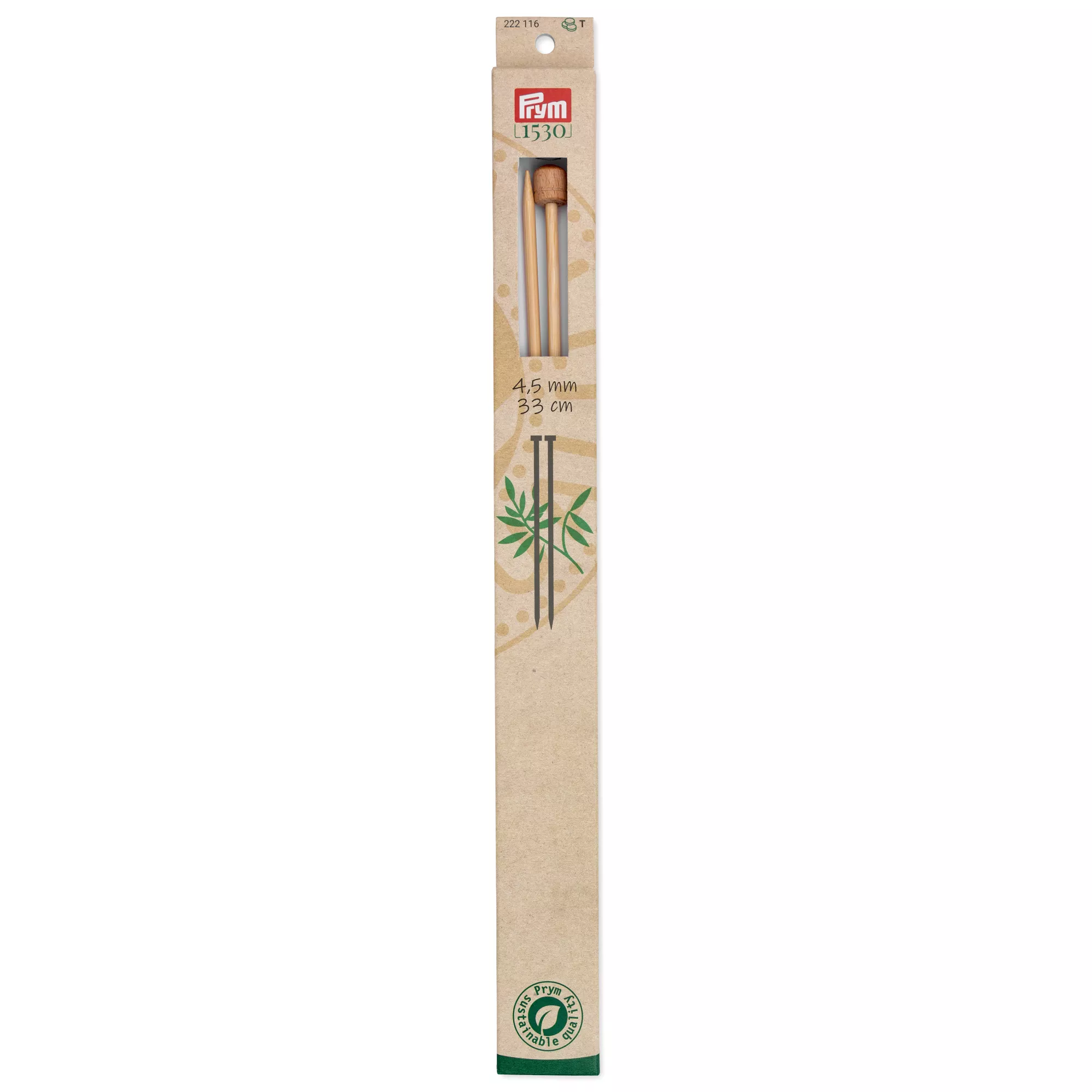 Single-pointed knitting needles Prym 1530, bamboo, 33cm, 4.50mm