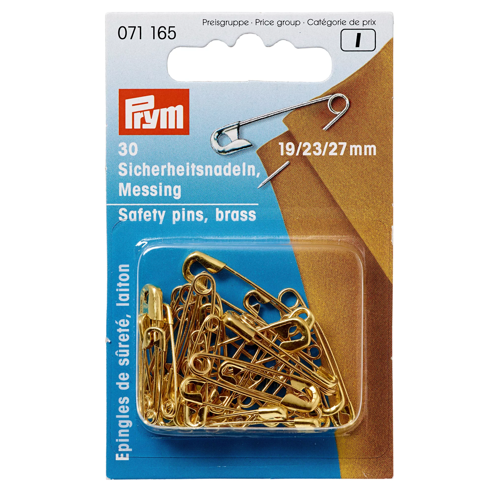 Safety pins, 19/23/27mm, assorted, gold-coloured, 30 items