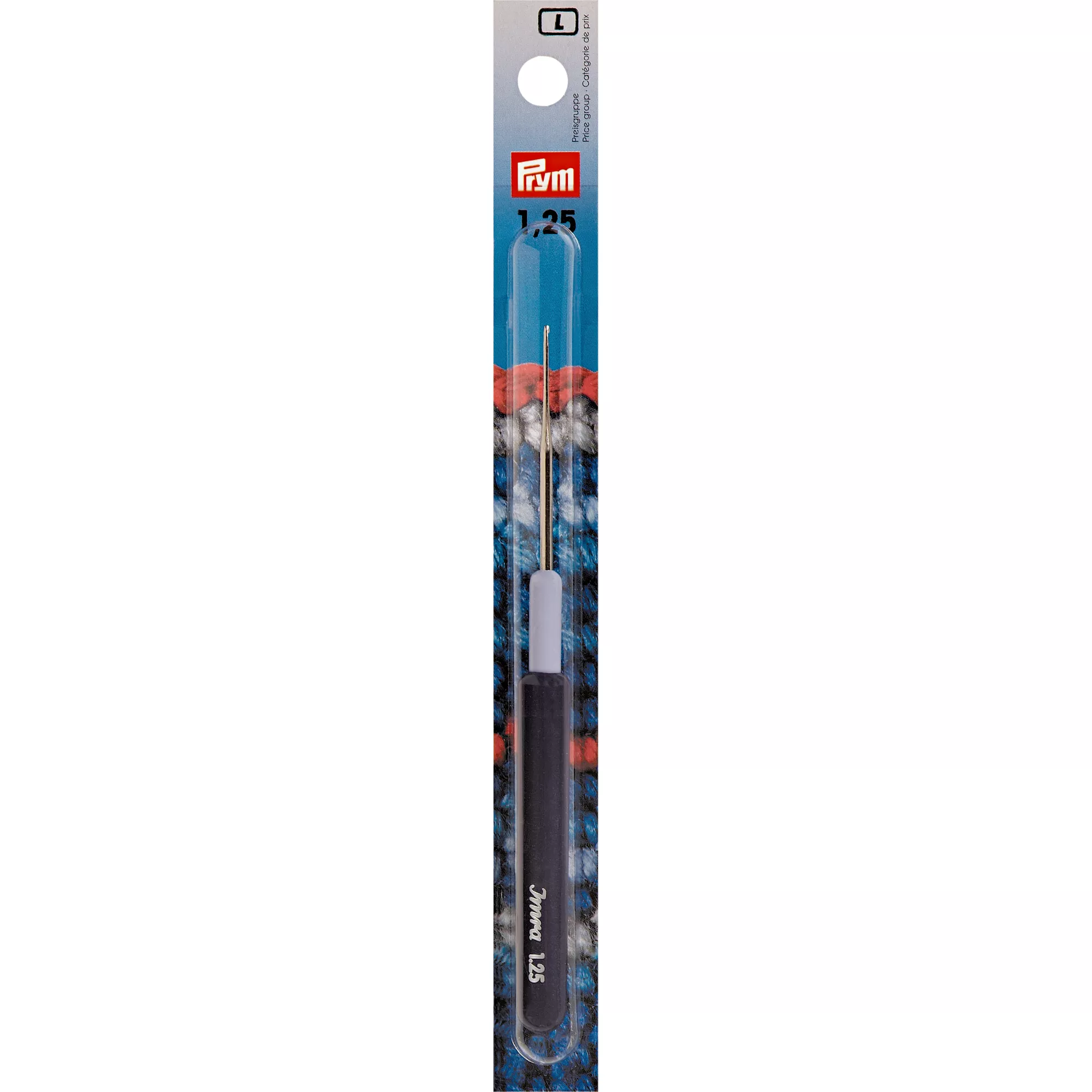 Crochet hook with plastic grip, 1.25mm, silver-coloured