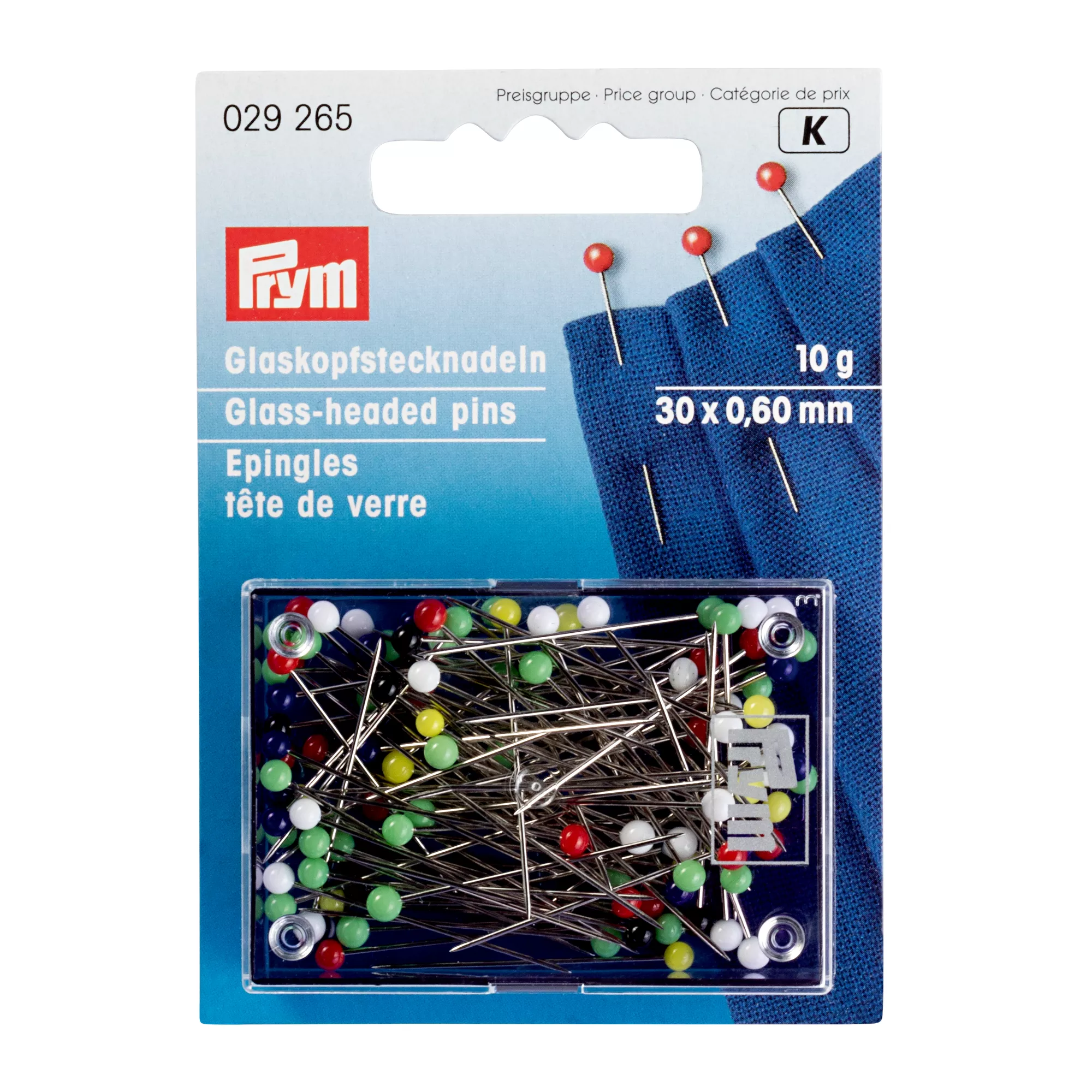 Glass-headed pins, 0.60 x 30mm, multi-colour, 20g, plastic box
