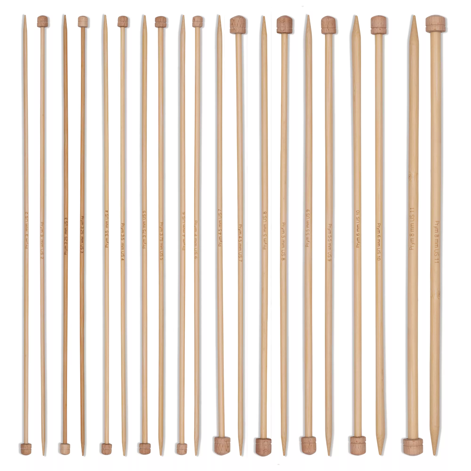 Single-pointed knitting needles set, bamboo; Prym 1530, 3.0-8.0 mm, 33 cm