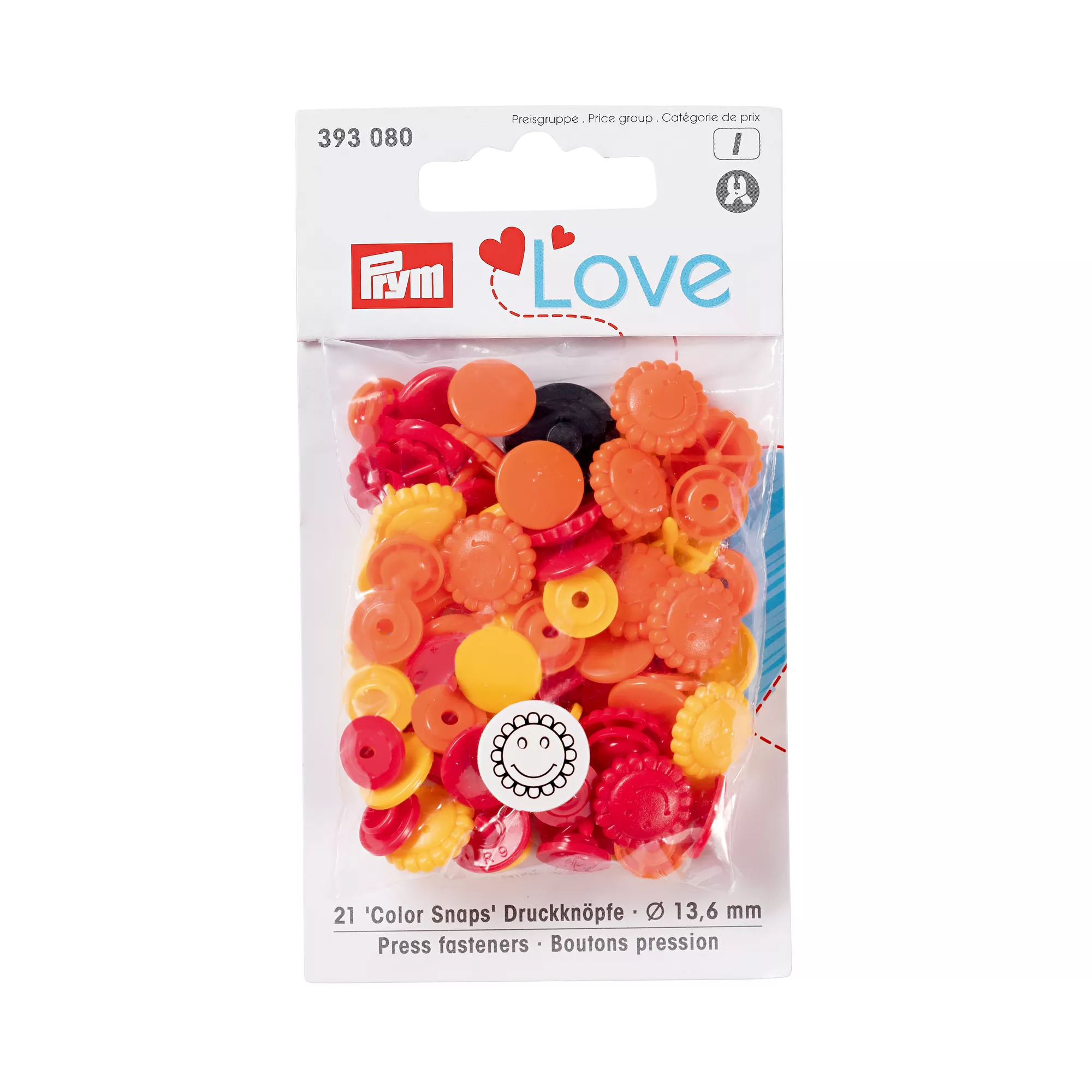 Colour snap fastener, Prym Love, flower, 13.6mm, yellow/red/orange