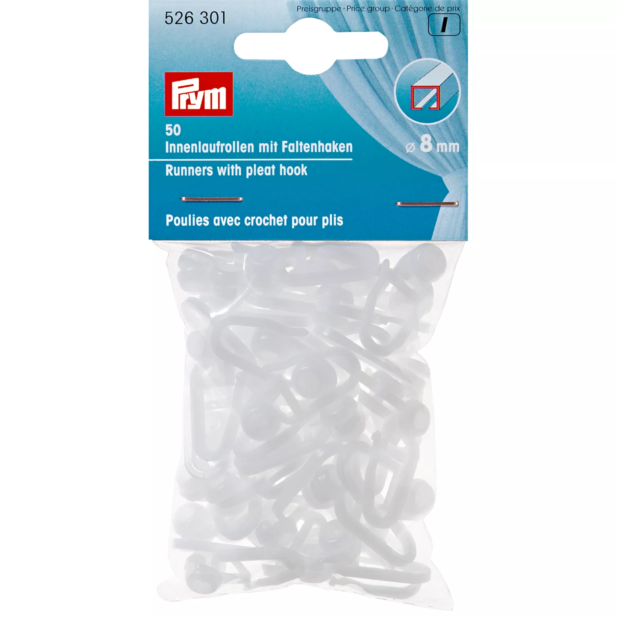 Runners with pleat hook, 8mm, white, 50 items