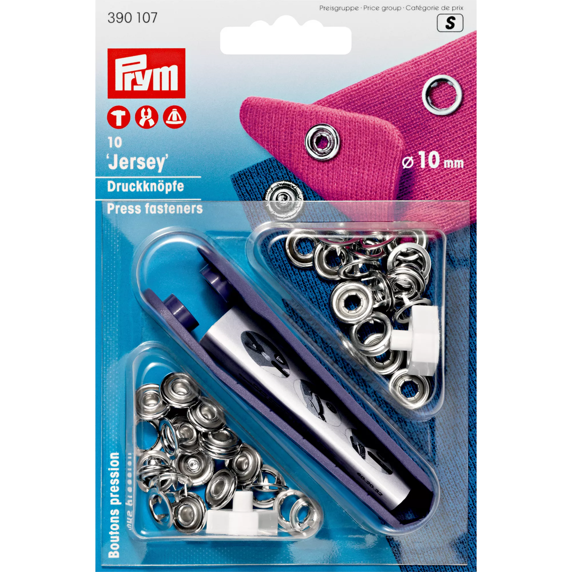 Non-sew press fastener jersey, retaining ring, 10mm, silver-coloured