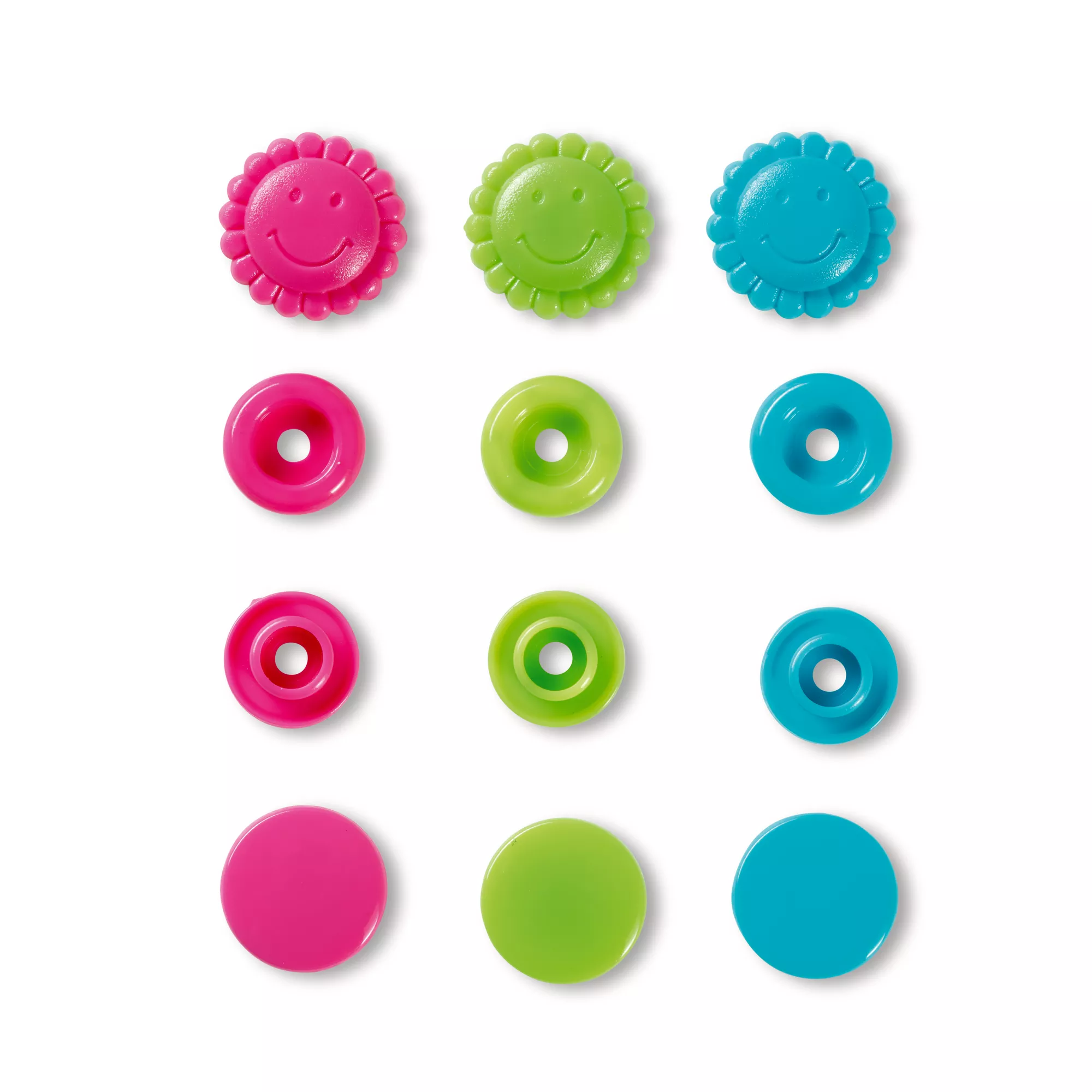 Colour snap fastener, Prym Love, flower, 13.6mm, turquoise/green/pink