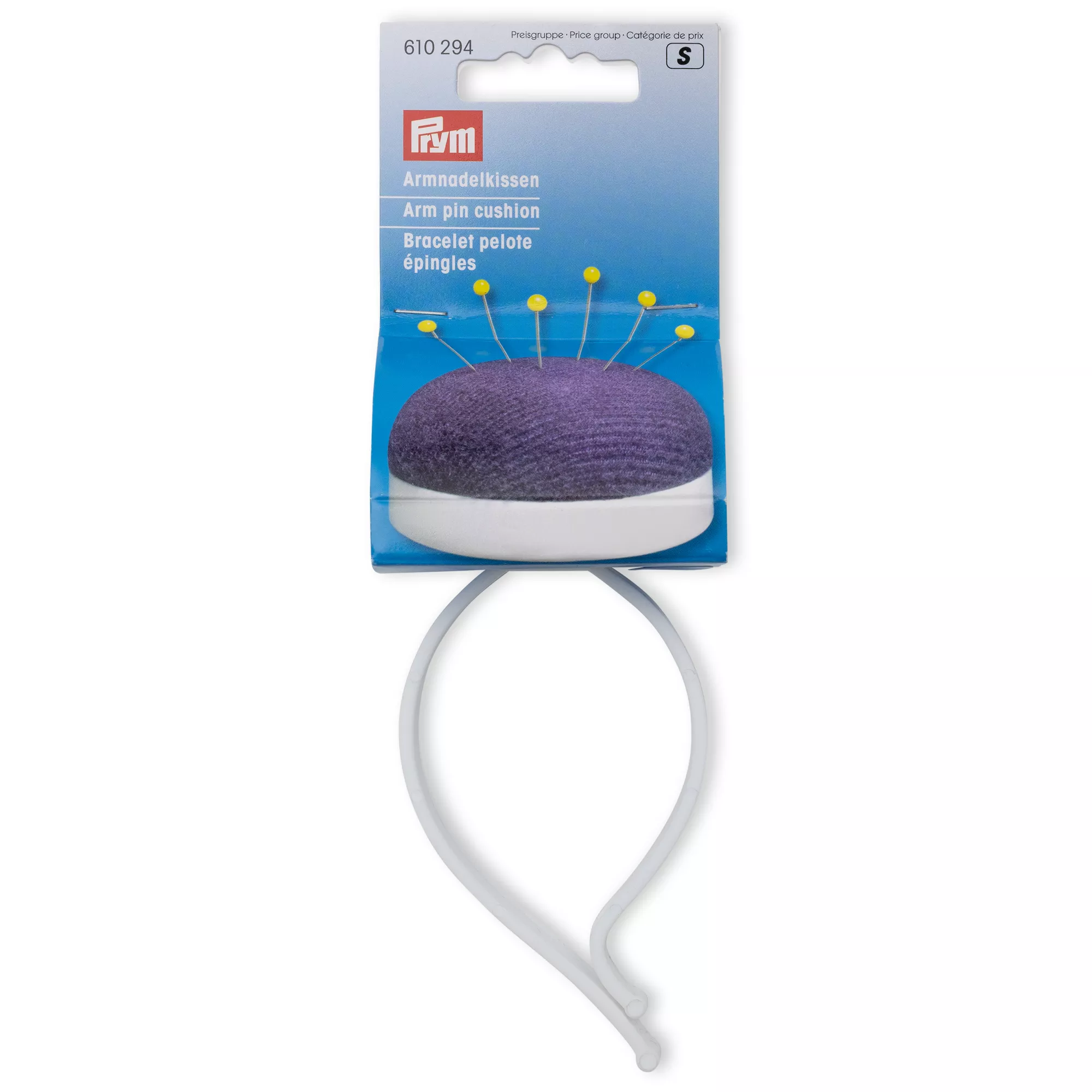 Arm pin cushion with strap, dark violet/white