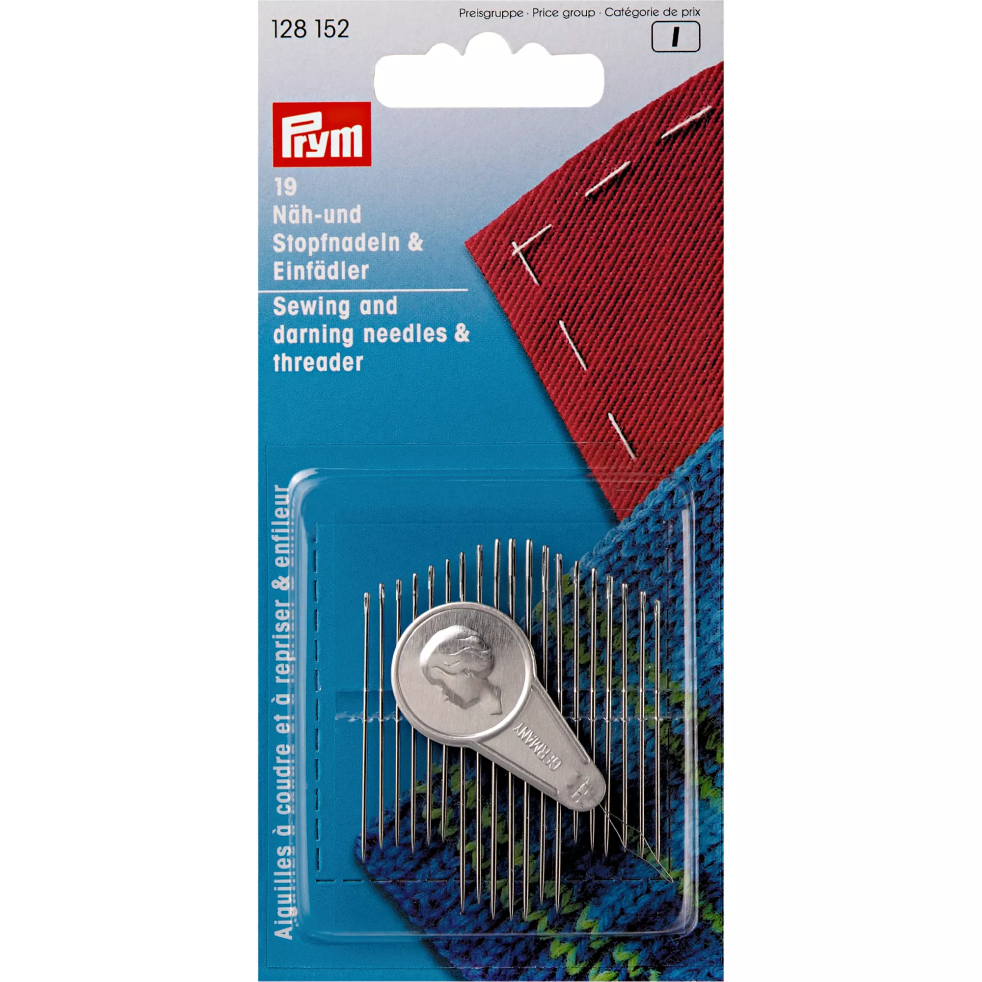 Sewing and darning needles assortment and threader, 19 needles