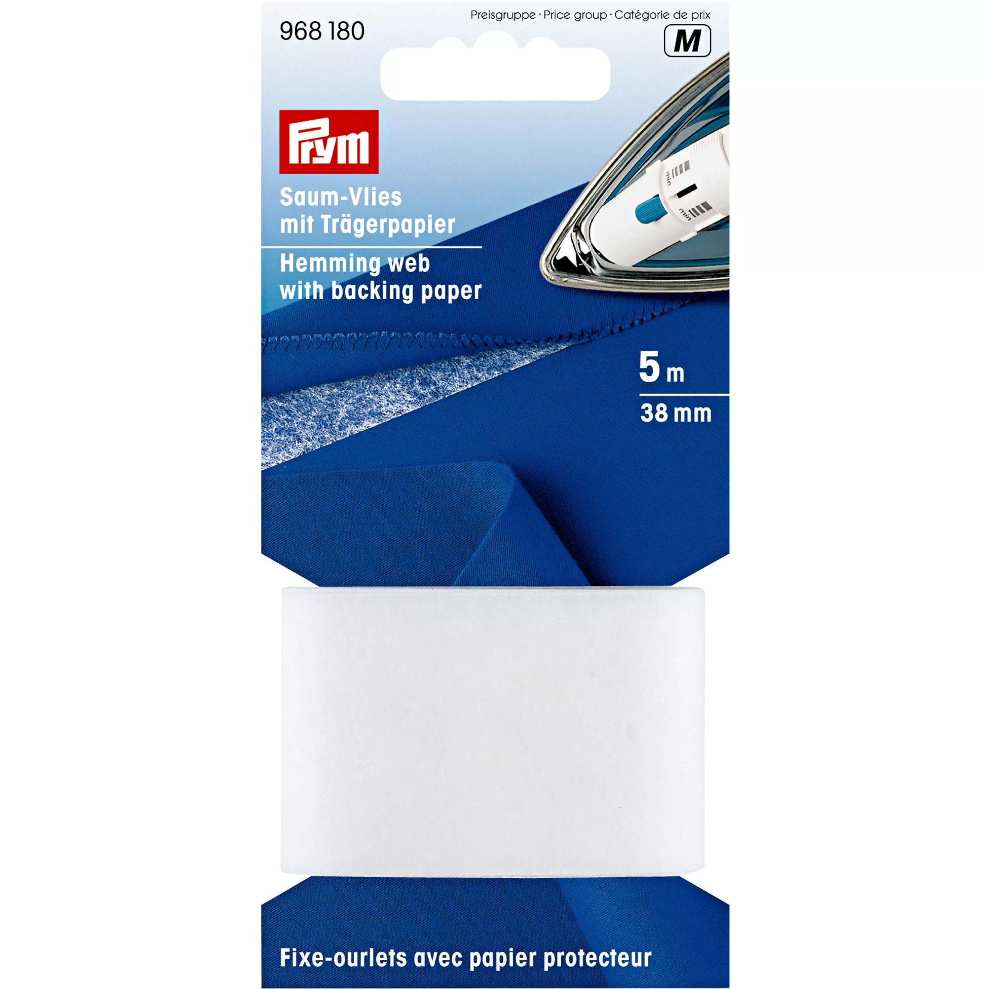 Hemming web with iron-on backing paper, 38mm, white, 5m
