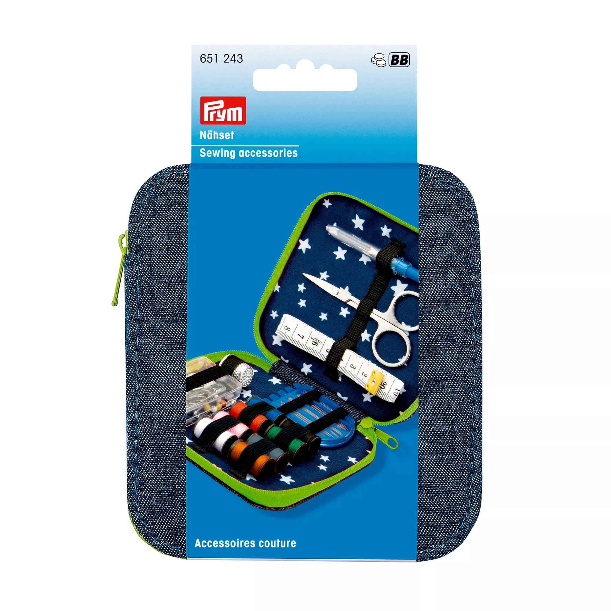 Sewing accessories kit, denim, green zip fastener