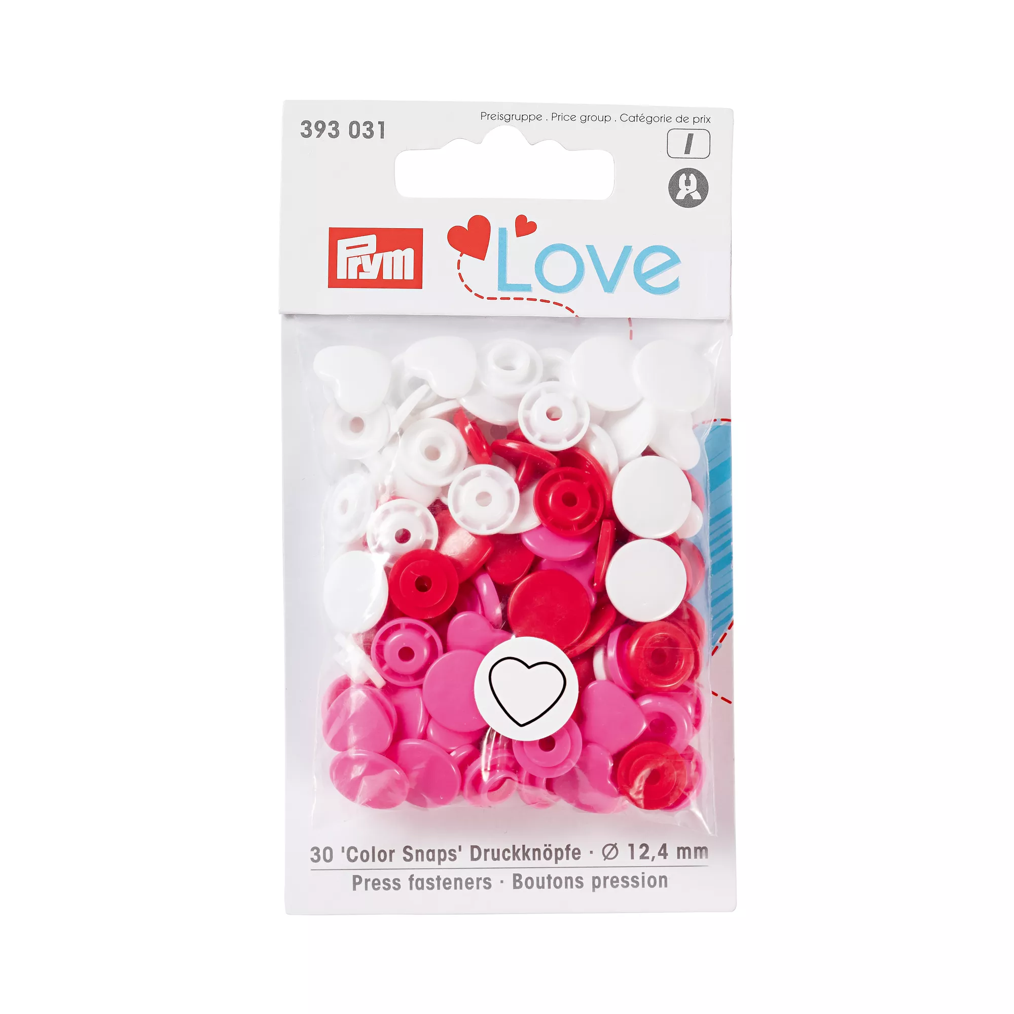 Colour snap fastener, Prym Love, heart, 12.4mm, red/white /pink