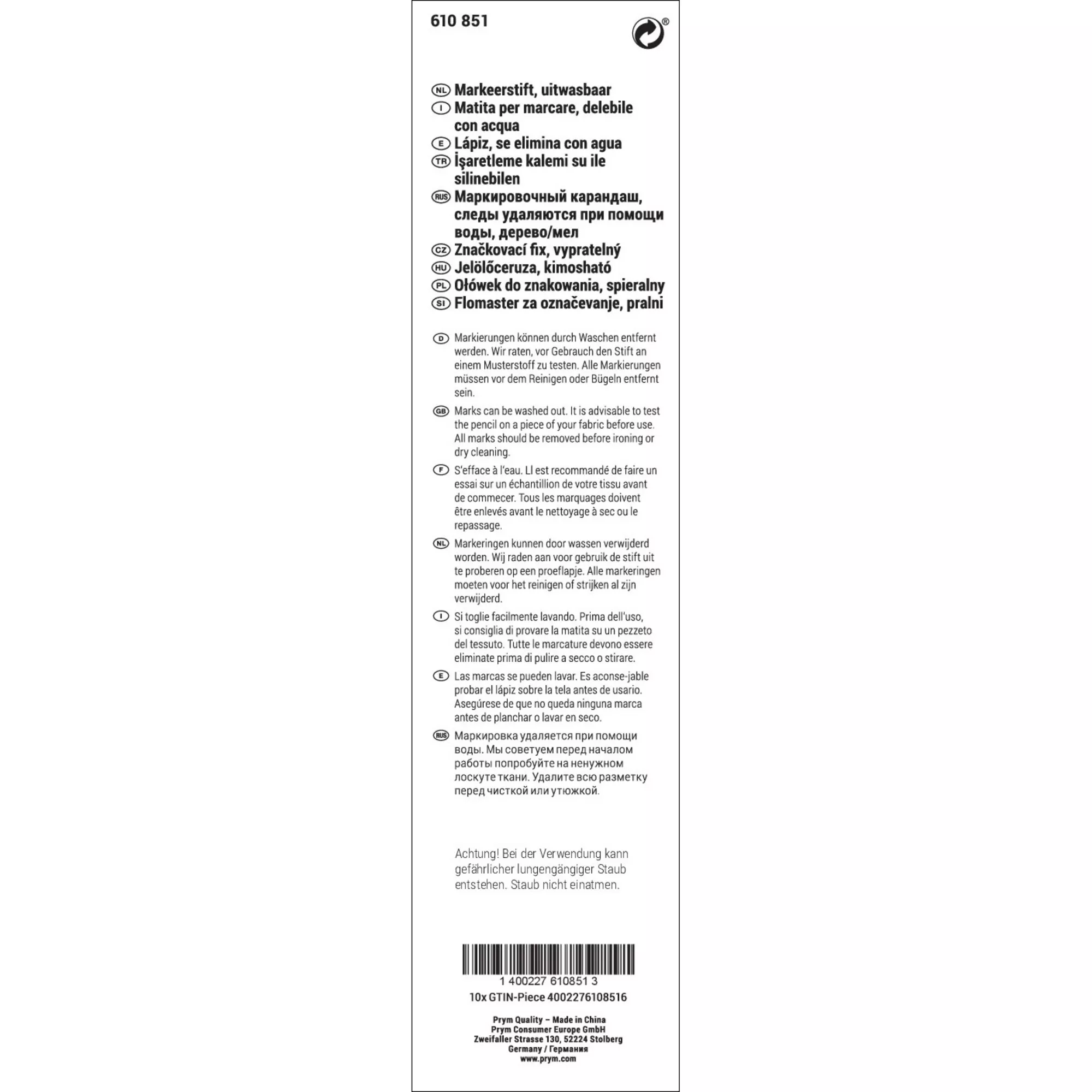 Marking pencils, water erasable, white or silver