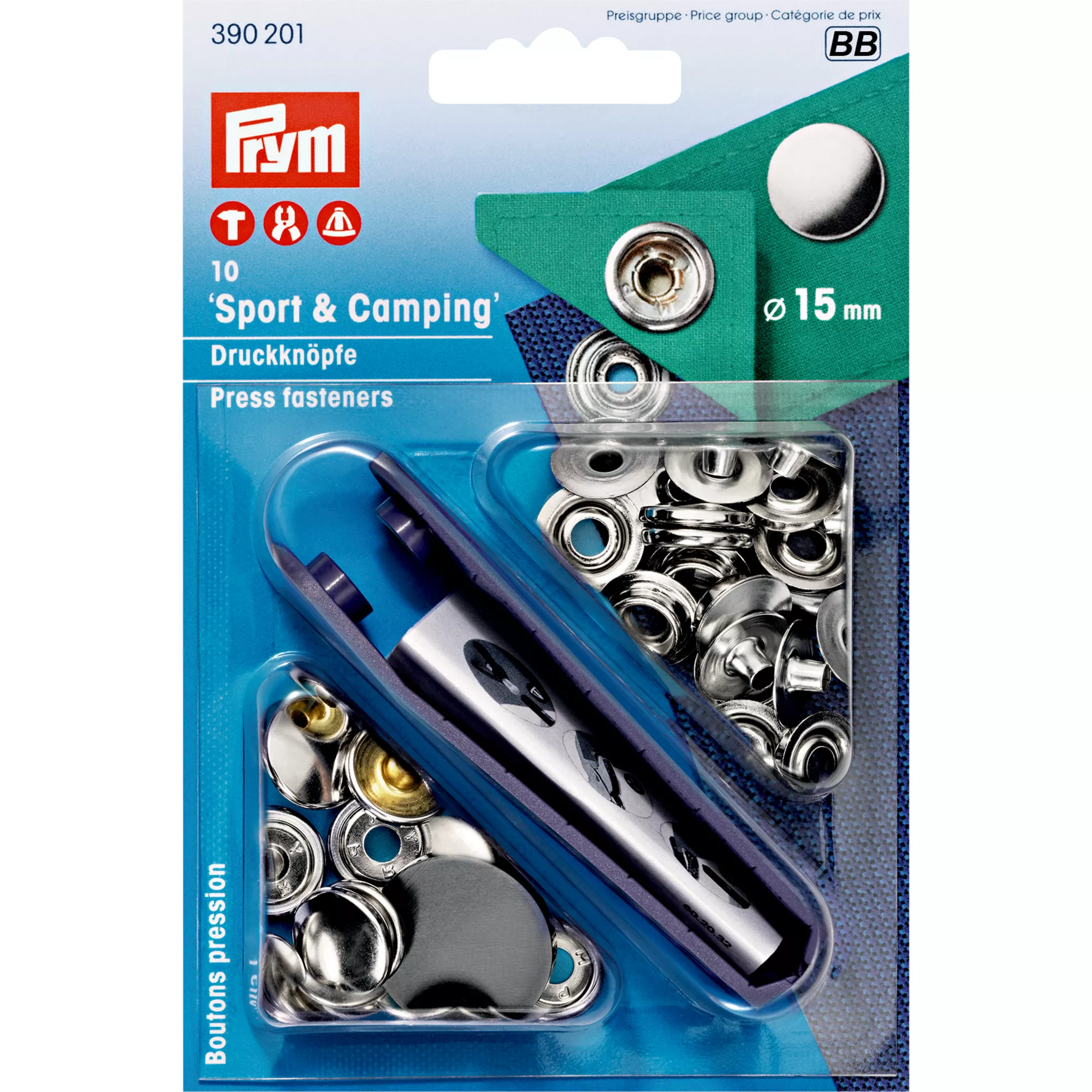 Non-sew press fastener Sport & Camping, 15mm, silver-coloured