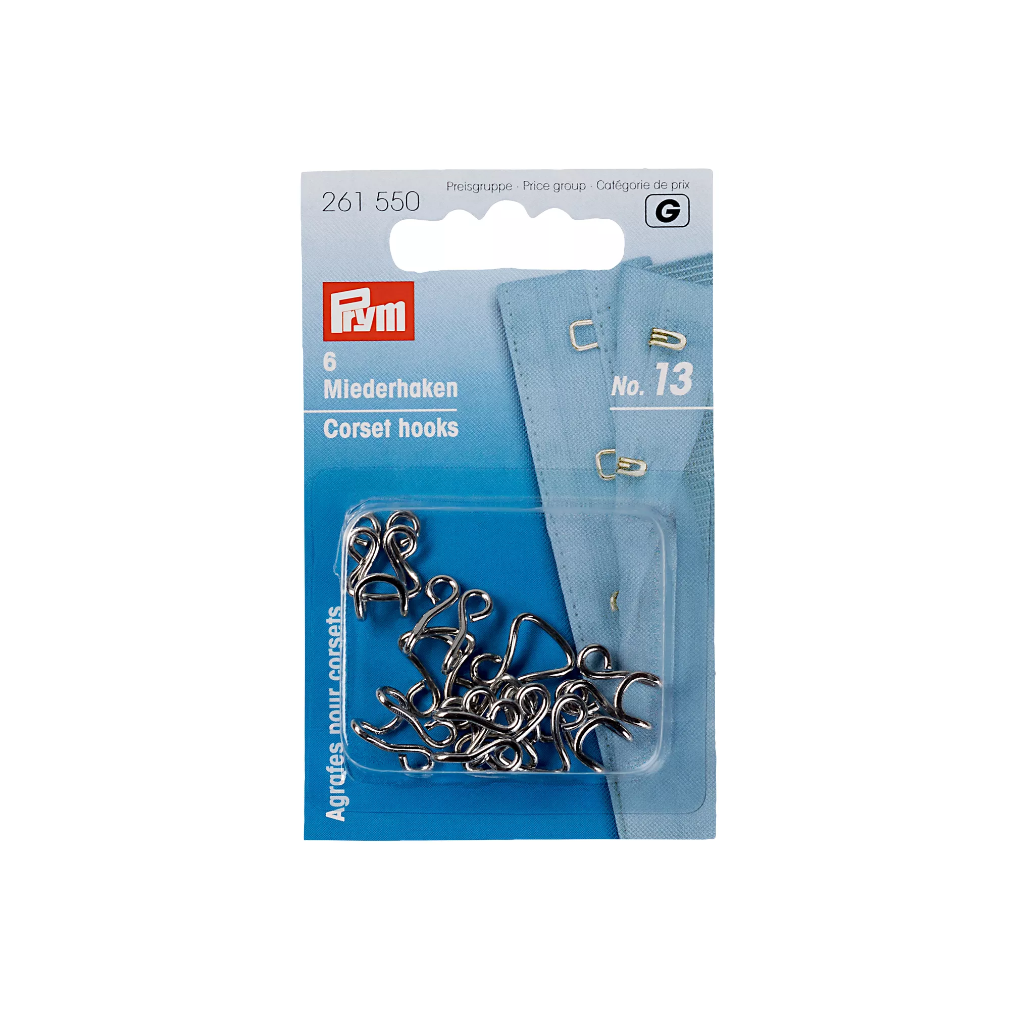 Bodice hooks and eyes, No. 13, silver-coloured, card