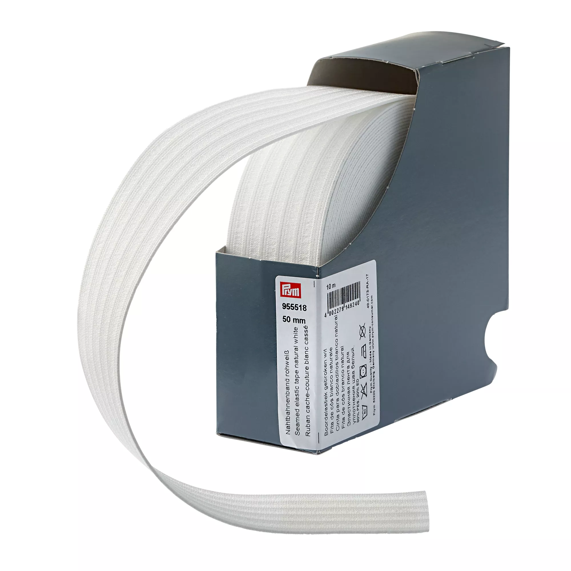 Seamed elastic tape, 50mm, natural white, 10m