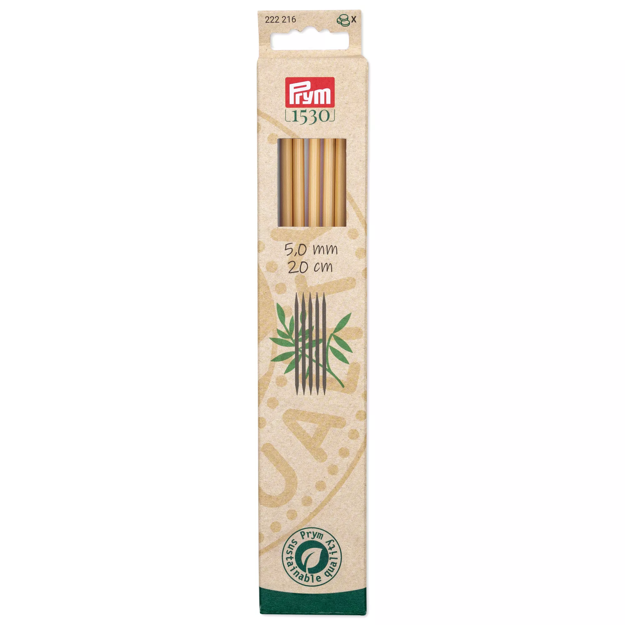 Double-pointed knitting needles Prym 1530, bamboo, 20cm, 5.00mm