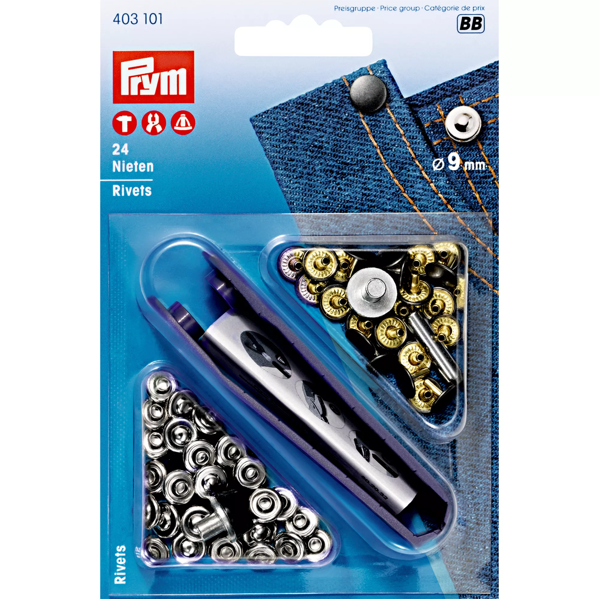 Rivets, 9mm, silver-coloured/old iron