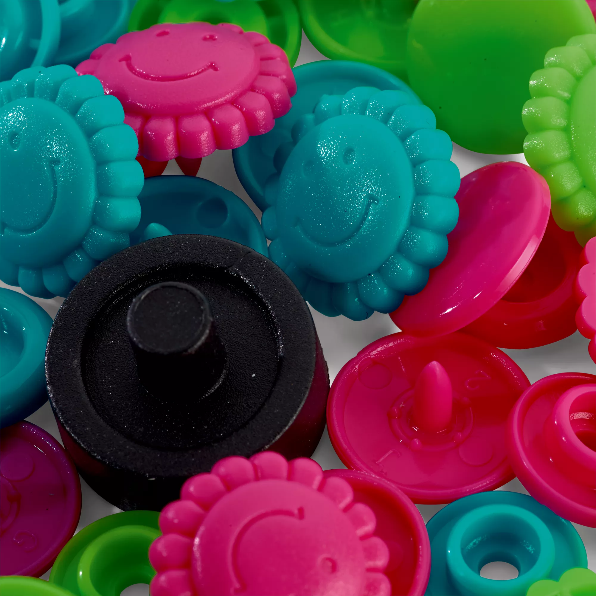 Colour snap fastener, Prym Love, flower, 13.6mm, turquoise/green/pink