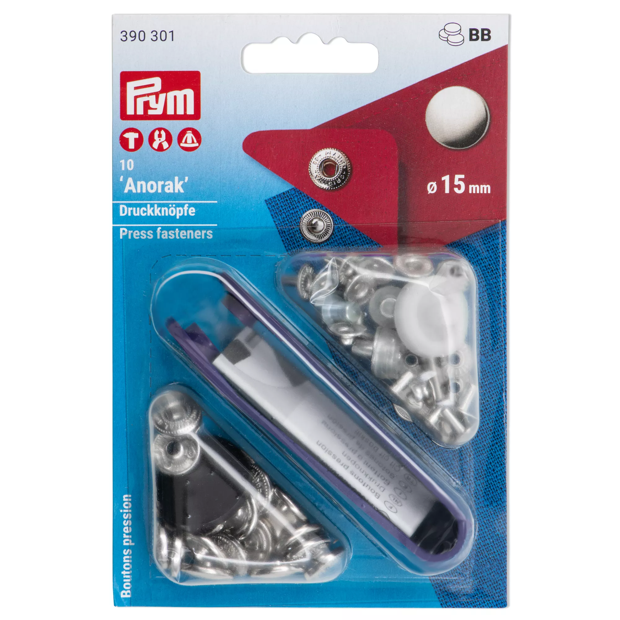 Non-sew press fastener anorak, 15mm, silver-coloured