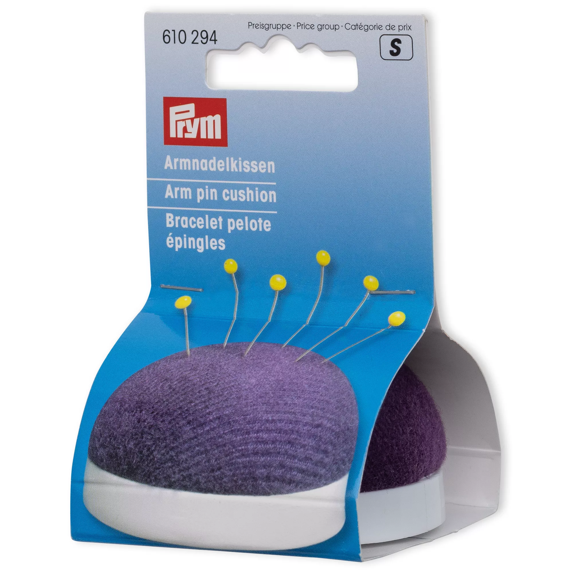 Arm pin cushion with strap, dark violet/white