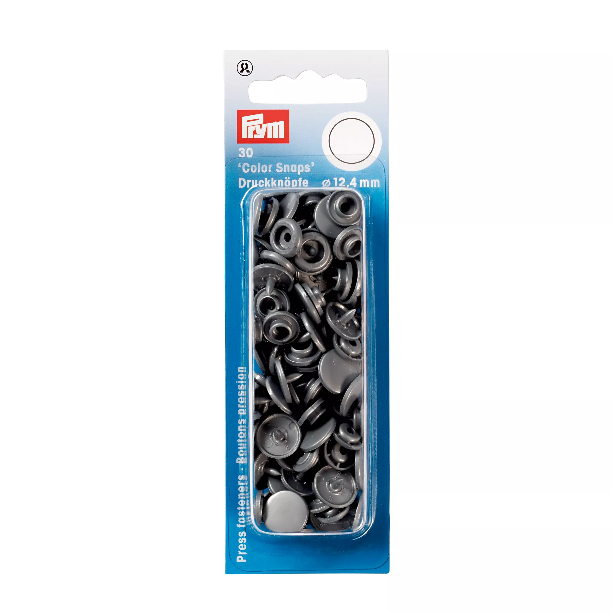 Non-sew press fasteners, Colour Snaps, round, 12.4mm, silver grey