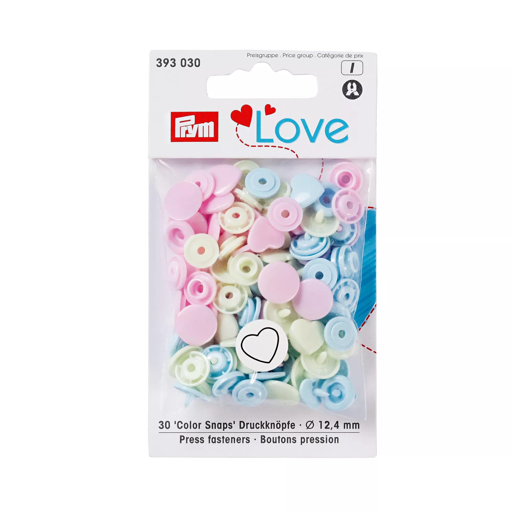 Bottoni a pressione Color Snaps, Prym Love, cuore, 12,4mm, rosa/verde/azzurro